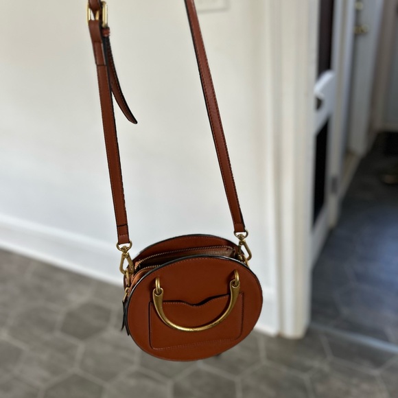 Tan, round, cross body purse - Picture 3 of 5